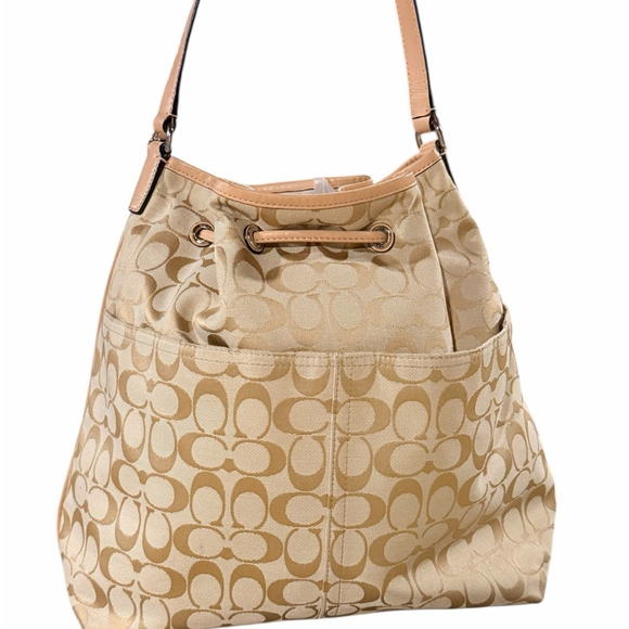 Coach Signature Stripe Drawstring Shoulder Bag Beige Pink - Picture 6 of 13